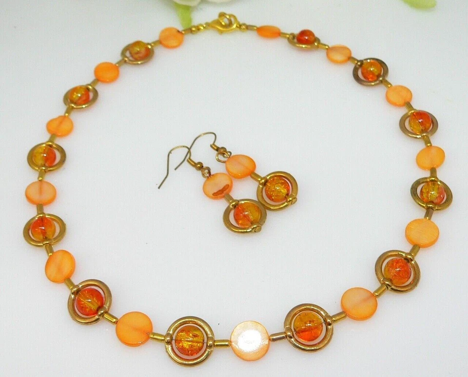 Schmuckset Kette Ohrring Perlmutt Muschel Glas Perle crash Orange gold 297f - Bild 3 von 4