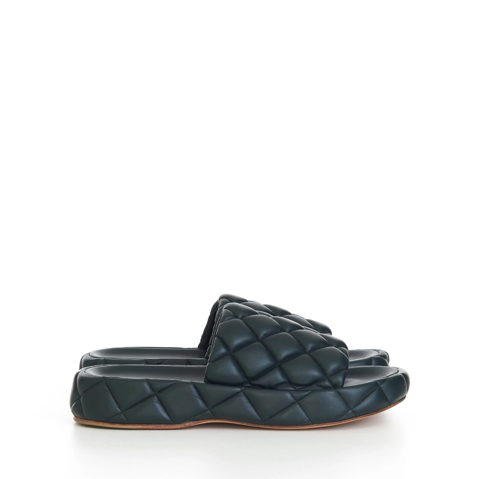 Bottega Veneta — BOTTEGA VENETA 1450$ Inkwell Green Quilted Leather Padded Slide Sandals