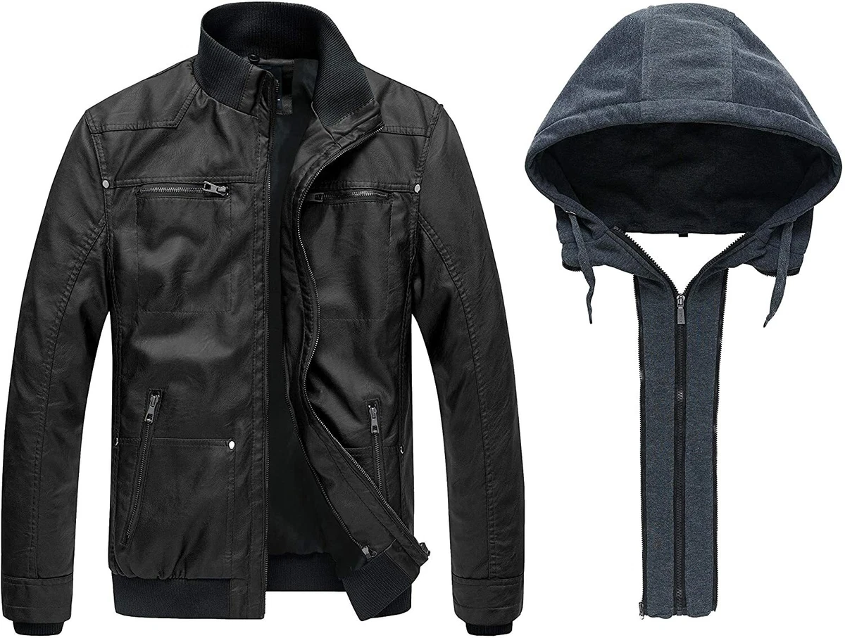 Wantdo Men's Faux Leather Jacket with Removable Hood