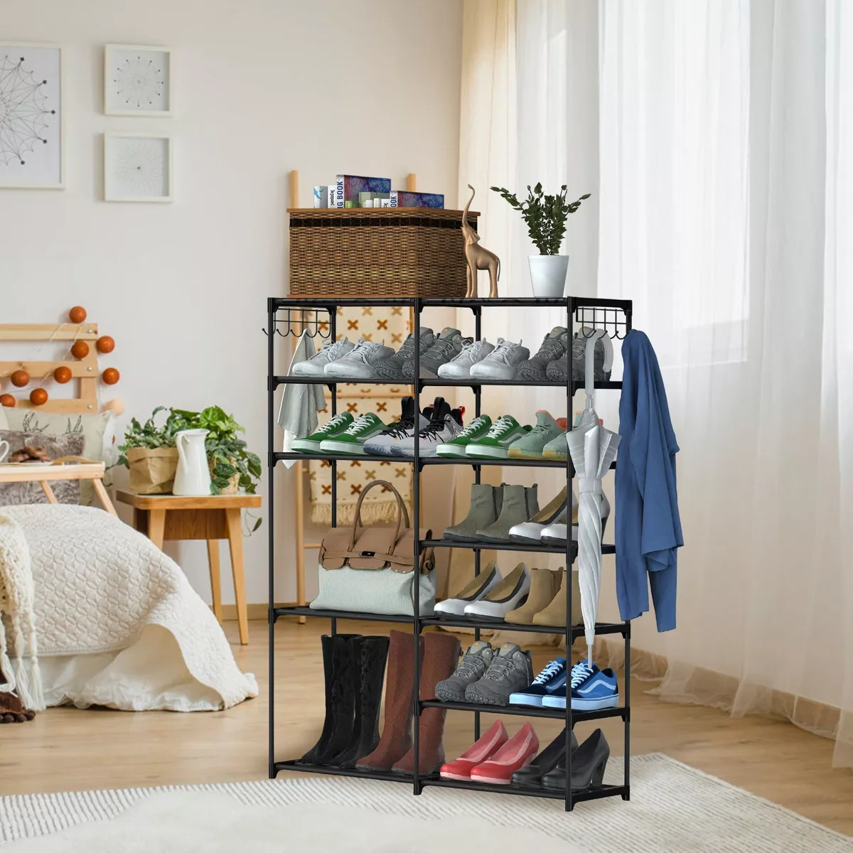 Metal Shoe Storage Shelf Free Standing Shoe Stand with 2 Row Hooks | 3