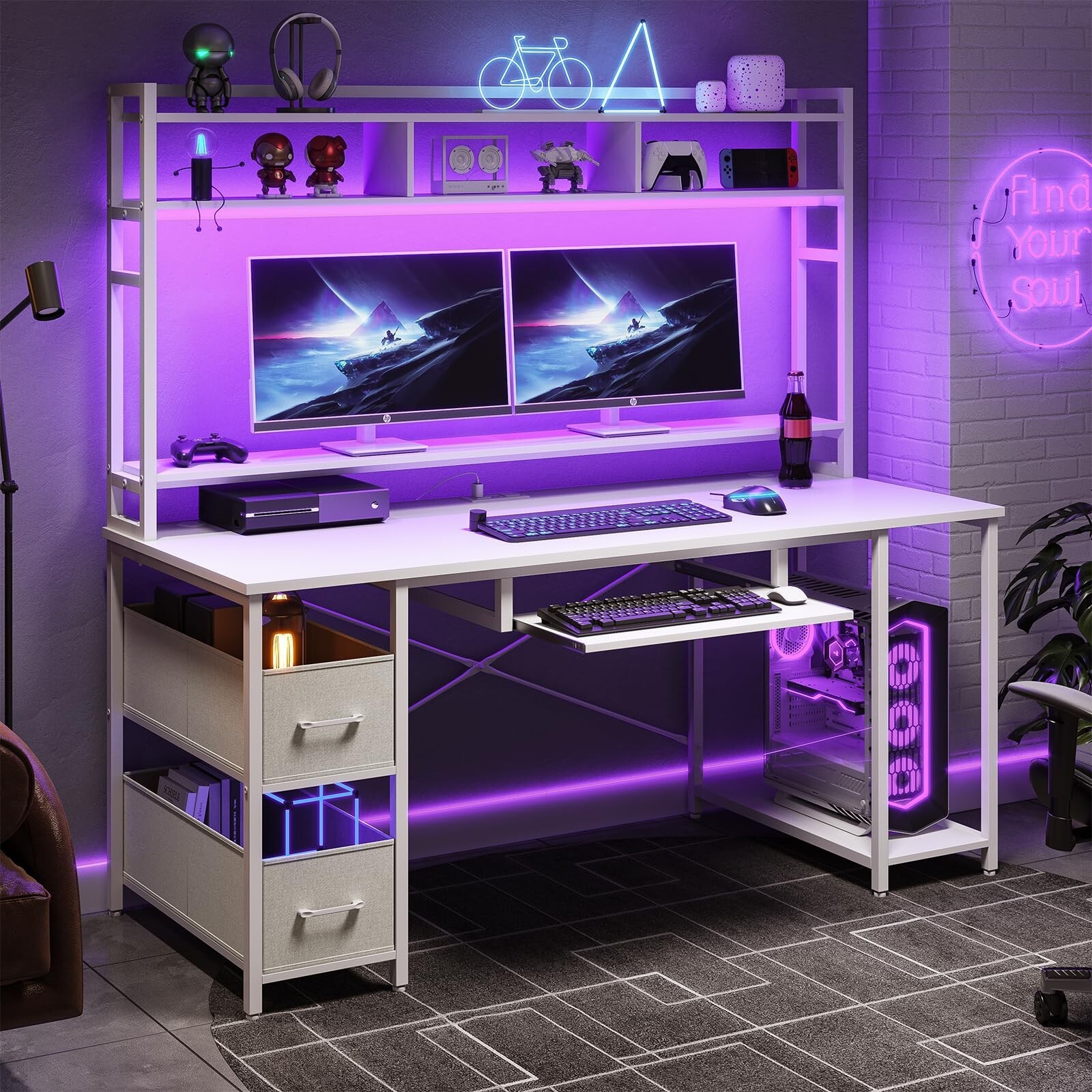 White Computer Desk with Hutch and Drawer, 55