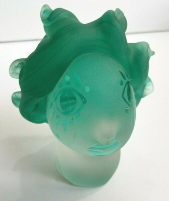 Fellerman & Raabe Signed Frosted & Green Art Glass Woman Head Bust Sculpture 