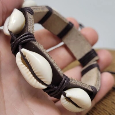 Cowry Shell Bracelet Brown Leather Adjustable Hawaiian Beach Surfer Bracelet