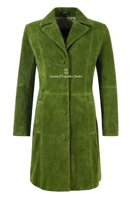 Damen Eleganter Trench Ledermantel Lindgrün Wildleder Knielang Designer Mantel