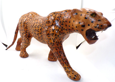 Vintage Leather Wrapped Leopard Cheetah Tiger Statue Figure Handmade 18'' Spotted