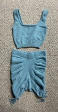 36point5 Fuzzy Light Blue Two-Piece Crop Top & Ruched/Side Tie Shorts S/M NWT