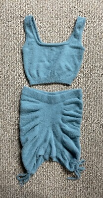 36point5 Fuzzy Light Blue Two-Piece Crop Top & Ruched/Side Tie Shorts S/M NWT