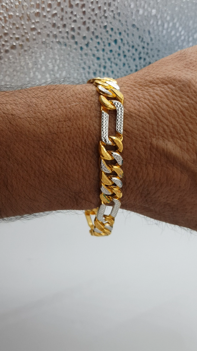 18K Gold Men Bracelet Two Tone Figaro Bracelet Italian Link