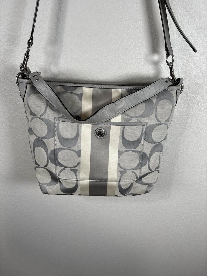 COACH Hamptons Weekend Signature Stripe Shoulder Tote Bag Gray White - Image 2 of 4