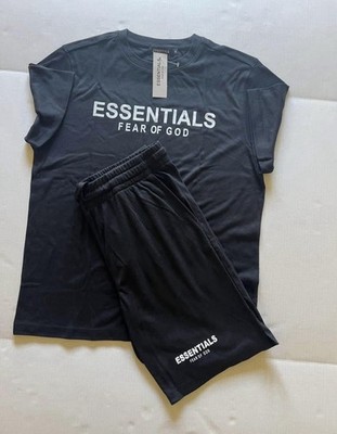 Essentials Fear of God Men s Black Gray Logo Tee & Drawstring Shorts Set S-4XL