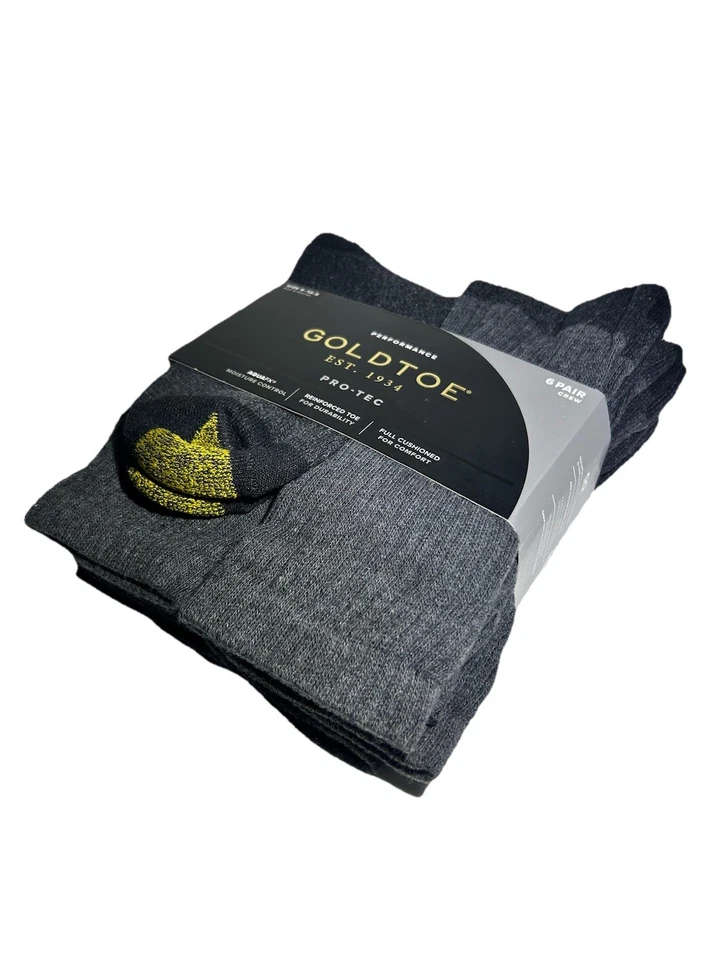 Novo Pacote com 6 Meias Masculinas Goldtoe Performance Pacote com 6 Crew Preto e Cinza Tamanho 6-12.5 - Imagem 3 de 4