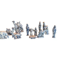 Vintage 1973 Byron Molds Blue&White Gold 16-Piece Ceramic Nativity Set Complete