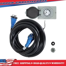 (Blue Plug, Black Cord) RV Extension Cord 50A 30FT Power Input Box W/Lock