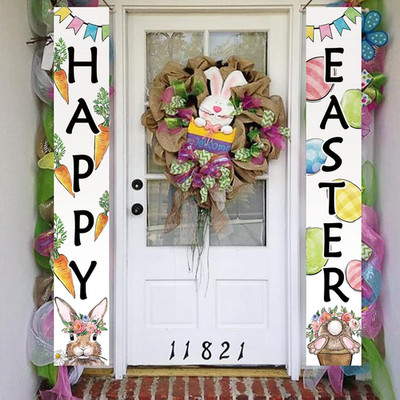 Happy Easter Bunny Rabbit Porch Banner Sign, Eggs Carrot Front Door Decorative H