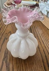 Fenton Art Glass Crest Melon Rib Ruffled Crimped Top Vase Pink & White