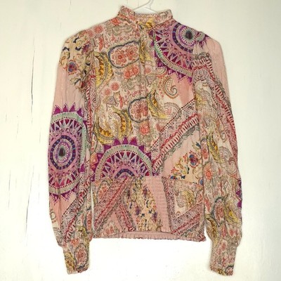 Guess Long Sleeve Monique Pink Paisley Top Women's XS Boho Fairy