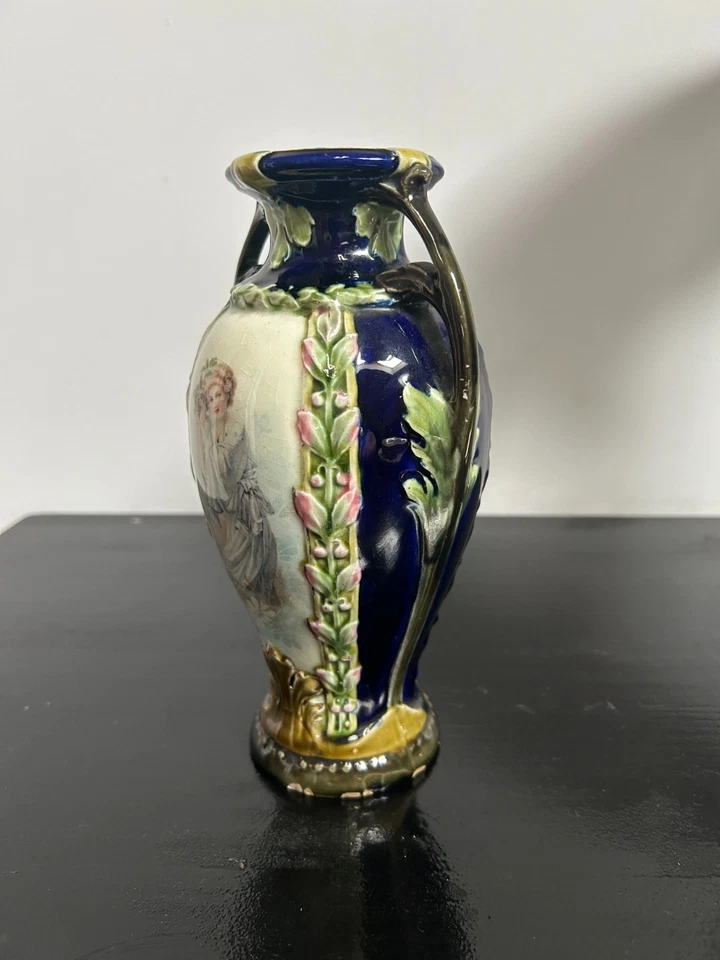 Jarrón antiguo de cerámica Art Nouveau - Retrato de dama pintado a mano - Dos asas Foto 4 de 4