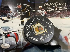 BRETT Bobby DENNIS HULL Chicago BLACKHAWKS Signed PUCK  w/ JSA & THV Holo & COA