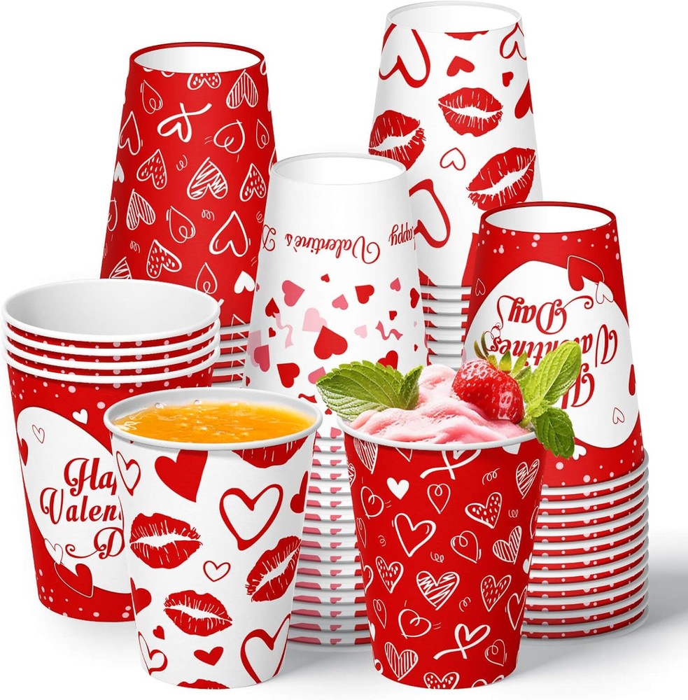 Valentine's Day Disposable Cups 60 Pcs 9oz Kids Adult Heart 9OZ, As Picture