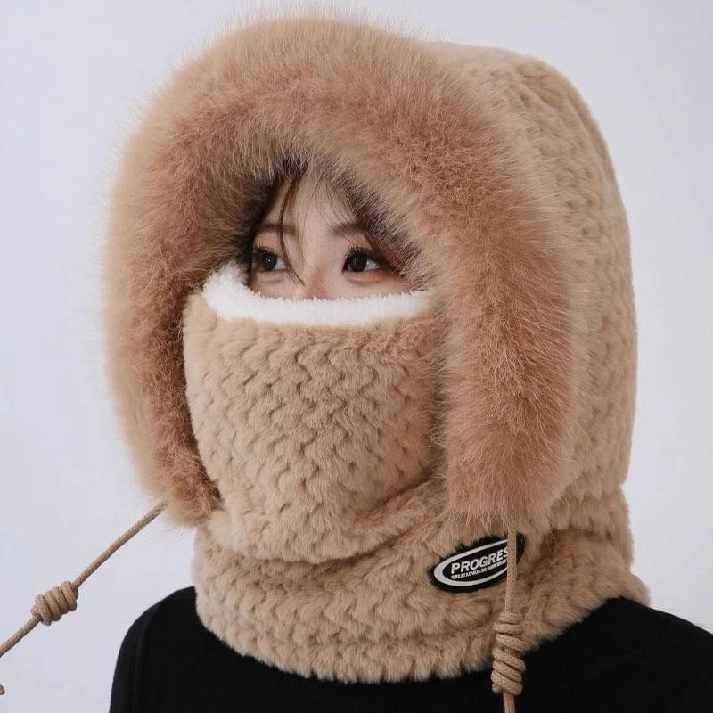 Women’s autumn-winter thermal plush hat with hood, scarf, mask, and ear protecti