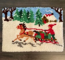 Vintage Sleigh Ride Latch Hook Wall Hanging Rug 1980 Completed 27  x20  Caron
