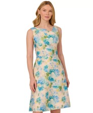 Adrianna Papell Womens Jacquard Asymmetric Neck Dress Size 14 In Ivory Blue