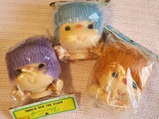 4 1/4" Yarn Hair Doll Head Hand Set Lot Purple Blue Orange Fibre Craft Vintage