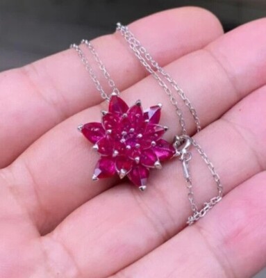 Round Simulated Pink Ruby Gorgeous Flower Fancy Pendant In 14K White Gold Plated