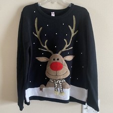 Rudolph the Red-Nosed Reindeer Black Christmas Sweater, size L 12-14 