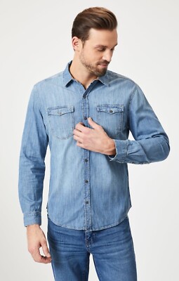 Mavi Men's Large Rio Denim Shirt Light Blue Snap Button Western Cowboy Rodeo