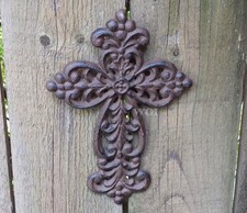 Rustic Weathered Fleur De Lis Cast Iron Cross Wall Sculpture Iris Lily Design