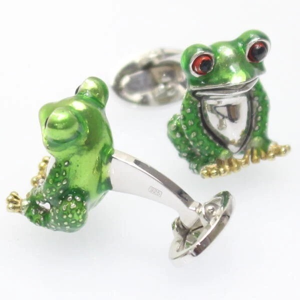 Jan Leslie Green Frog Cufflinks Silver 925 Enamel 18mm x 15mm with Box Unused - Изображение 3 из 4