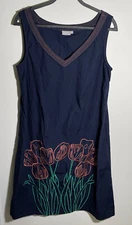 eShakti Navy Blue Embroidered Dress Plus Size 1X 18W Sleeveless Tulip Poplin
