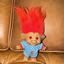 Vintage Ace Novelty Treasure Troll, Red Hair, Blue PJ S 4in Jewel Belly Troll