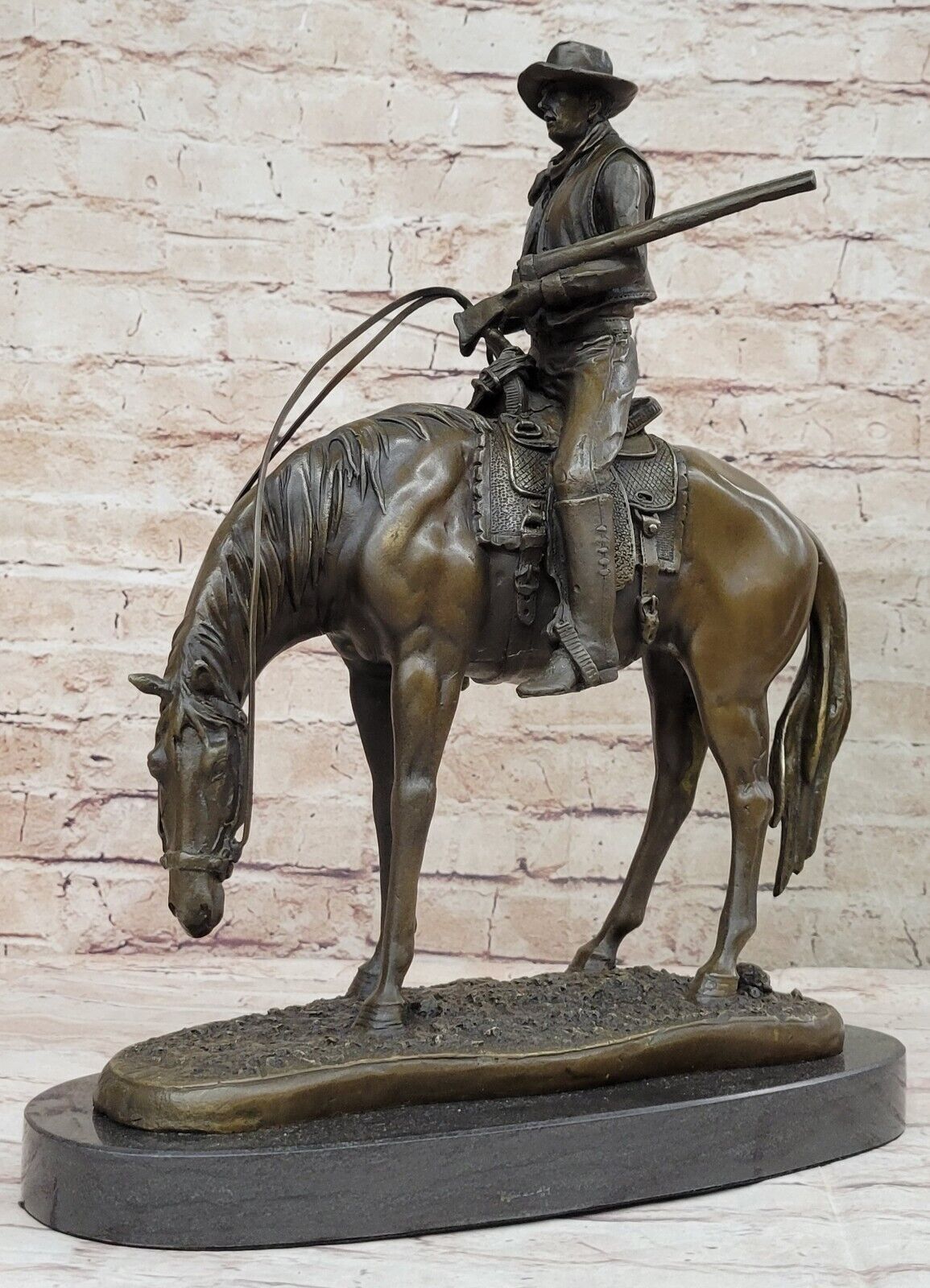 Bronze Marble Statue Country Western Cowboy Horse Spanish Mexican Farm