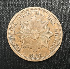 Republica Oriental Del Uruguay 1869 H 4 Centesimos KM# 13 ~Radiant Sun~ ZA-026