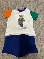 Polo Ralph Lauren 9M Baby Bear Shirt  Shorts Set Colorblock Tee Blue Bottoms