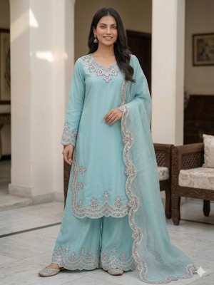 Heavy Natural Crep Sky Blue Top Palazzo With Dupatta For Traditional Wear