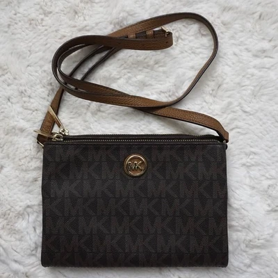 Michael Kors Fulton EW Double Zip Signature Logo Small Crossbody Purse in Brown - Photo 1/4
