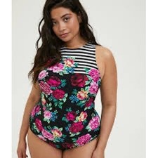 NEW Torrid Active One Piece Swimsuit Floral Stripe High Neck Keyhole Back Size 0