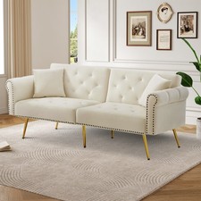 2 Seater Fabric Sofa Bed Click Clack Modern Sleeper Sofa Settee w/Cushions White