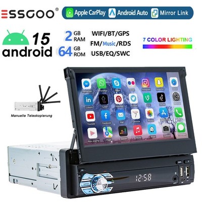 2+64G 1 DIN 7 Zoll Flip Out Android 15 Apple Carplay Autoradio GPS NAVI WIFI RDS