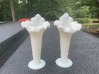 Vintage Pair Of Fenton White Hobnail 5" Jack In THe Pulpit Vases / One Damaged
