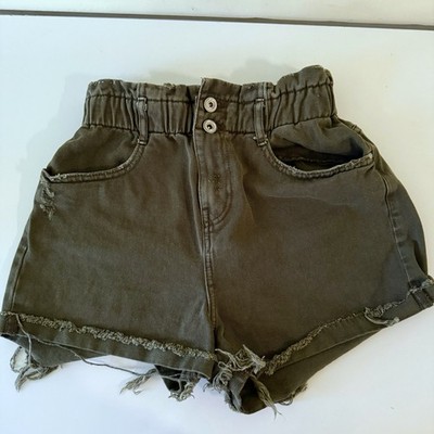 Zara Z1975 High Rise Frayed Hem Denim Shorts Green SZ 4