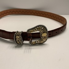 JUSTIN Leather Western Belt 938BR 34 Engraved Buckle Beautiful