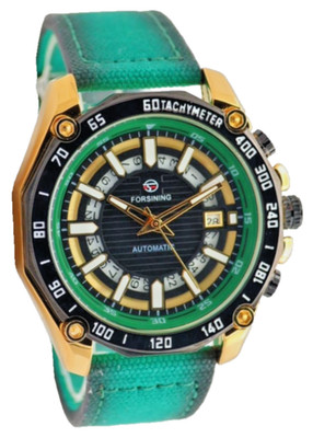 Sportliche Herren Automatik Uhr 48mm Edelstahl in Gold Grün Farben Lederarmband