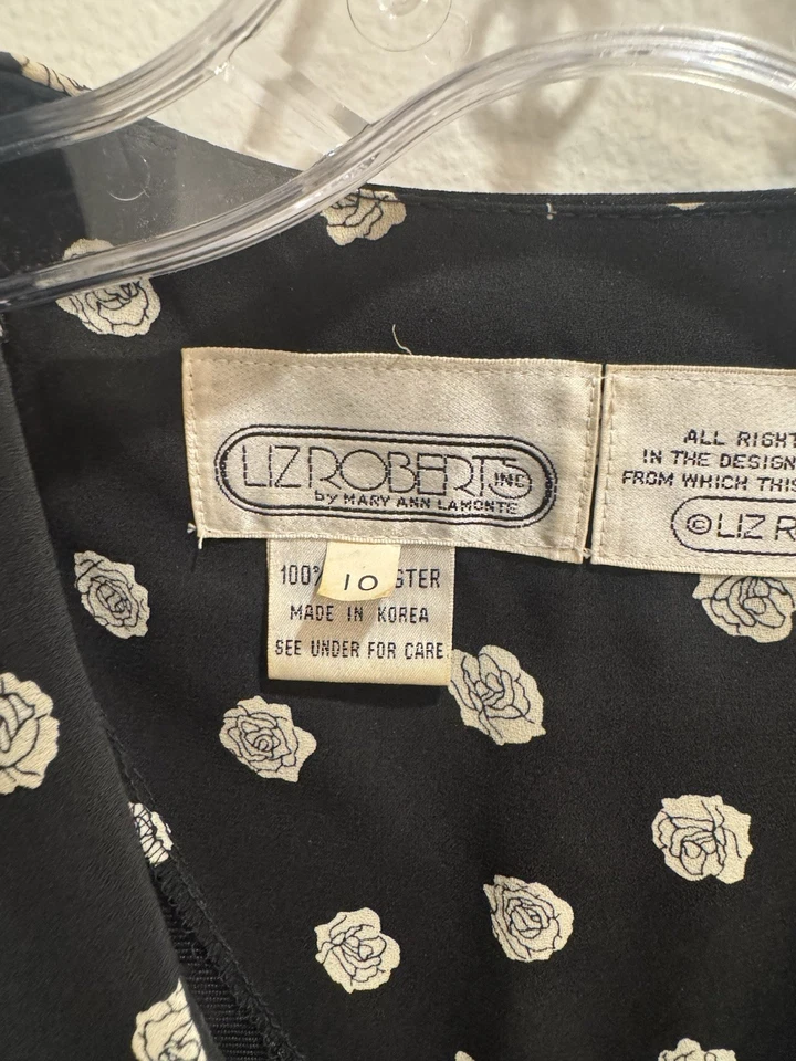 VTG 1980s Liz Roberts Secretary Dress Black+ White Floral Pattern Normcore  - Image 3 of 4