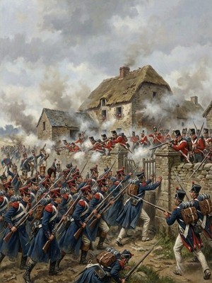 Waterloo 1815 Die Briten verteidigen Hugomont Hill 10 x 8 Zoll Druck.