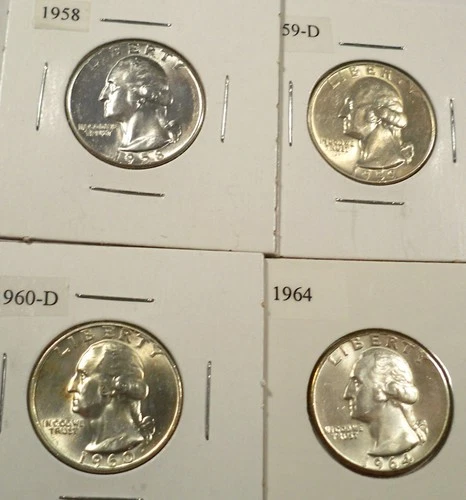 LOT OF 4 BU WASHINGTON QUARTERS 1958 1959-D 1960-D 1964 0.7233 oz SILVER 25c