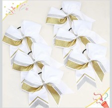 NEW 6 Pc Cheer Bow 7 In Ribbon Hair Bows Cheerleading White Silver Gold Glitter